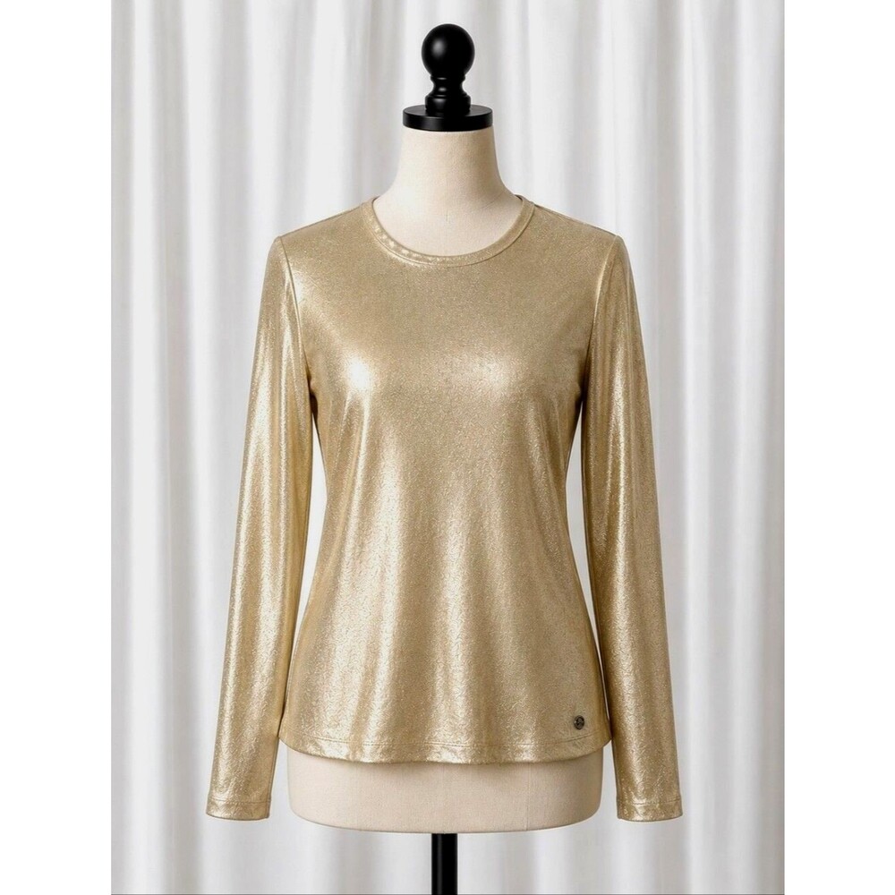 Tommy Hilfiger Gold Metallic Shimmer Long Sleeve Stretch Party Clubwear Blouse